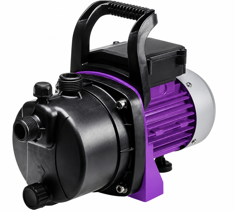 Illustration générée, pas le modèle exact : pompe de vidange à corps noir et moteur violet, sur fond blanc