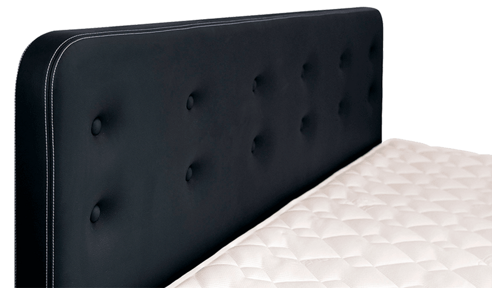 Tête de lit K2 Akva en cuir artificiel noir, boutons et couture claire sur le pourtour