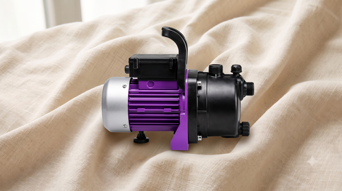Illustration générée, pas le modèle exact : pompe de vidange à moteur violet et gris, posée sur un drap