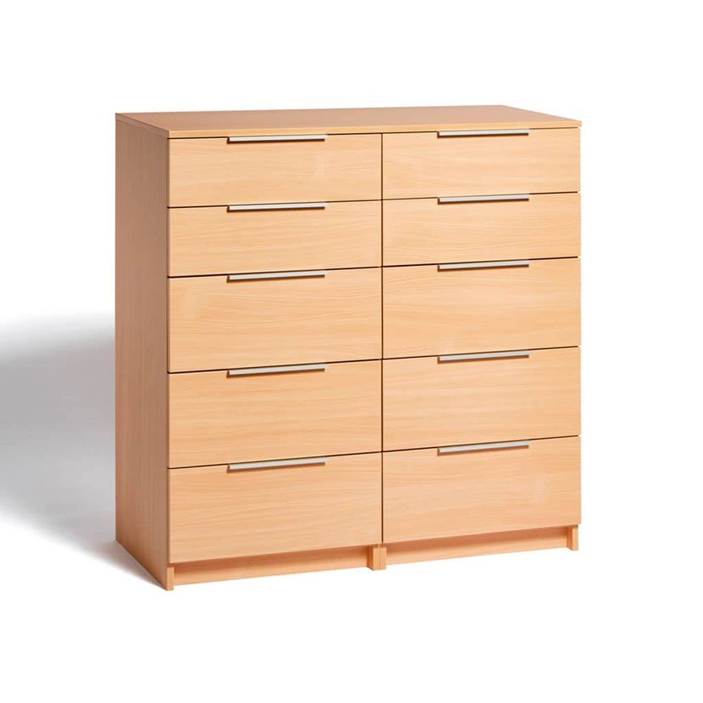 Commode Akva 100 cm haute à dix tiroirs sur deux colonnes, hêtre