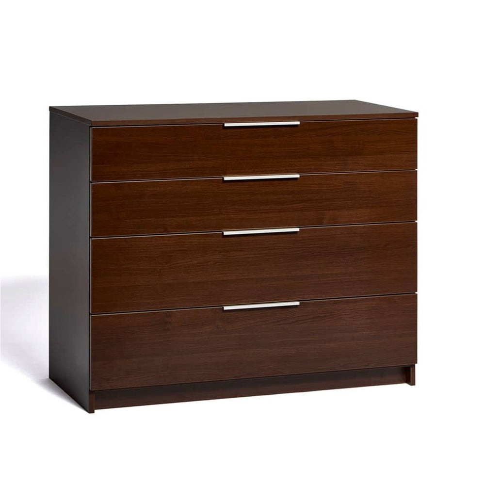 Commode Akva 100 cm de large et 84 de haut, quatre tiroirs pleine largeur, hêtre teinté brun