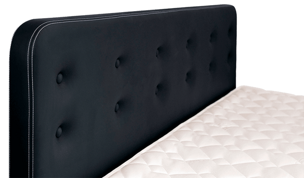 Tête de lit K2 Akva en cuir artificiel noir, boutons et couture claire sur le pourtour