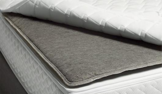 Comfort Topper Akva : la nappe de fibres grise posée sur la poche, dessus du revêtement relevé