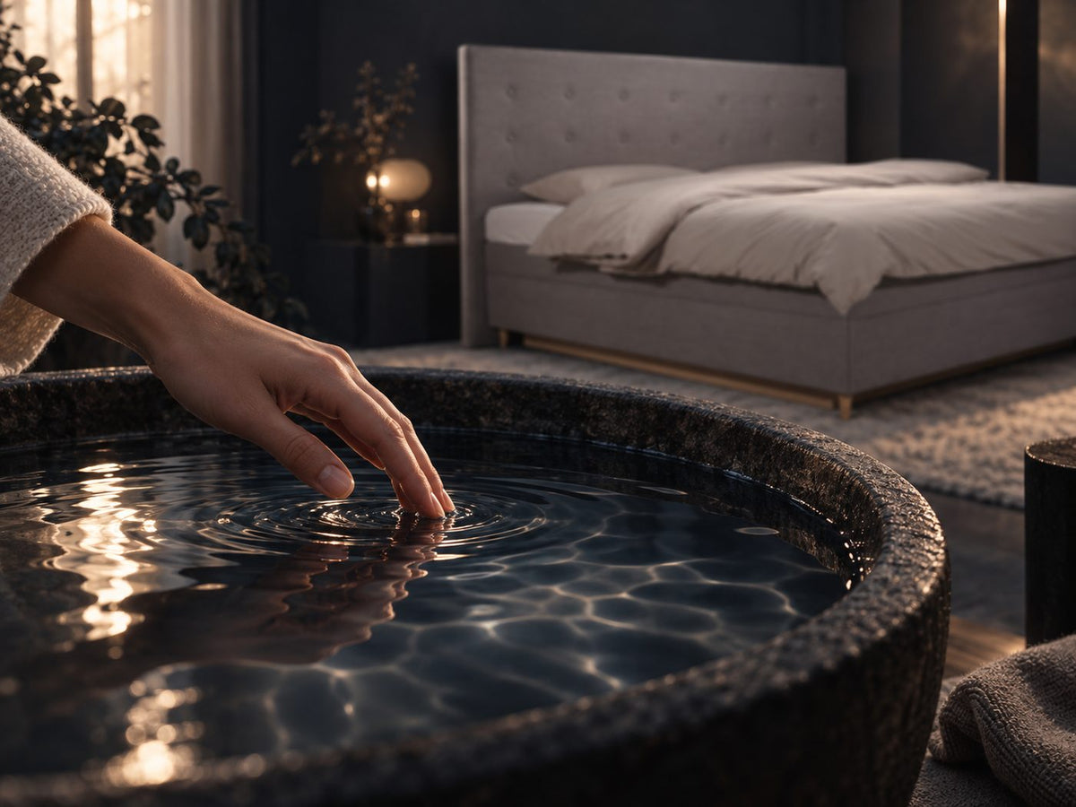 Une main effleure la surface d’un bassin d’eau, un lit à eau au second plan