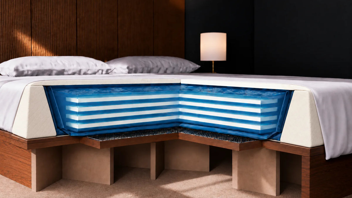 Coupe d'un lit a eau au coin du matelas : le drap gris sur le dessus, la housse creme matelassee juste en dessous, la membrane bleue du zipliner qui enveloppe l'ensemble et retombe sur le sommier, le matelas et ses quatre nappes de stabilisation blanches a l'interieur, et le cadre en mousse creme en biseau de part et d'autre.