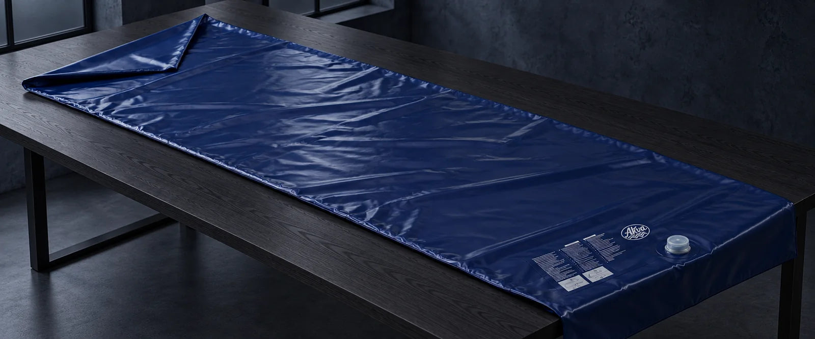 Le matelas à eau posé à plat : le vinyle bleu marine, la soudure au bord, l’étiquette et la valve à vis.