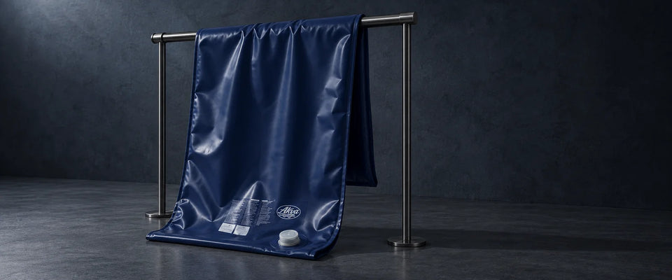 Le matelas à eau vide, suspendu à une barre d’acier : il retombe en plis souples, sans aucune tenue propre.