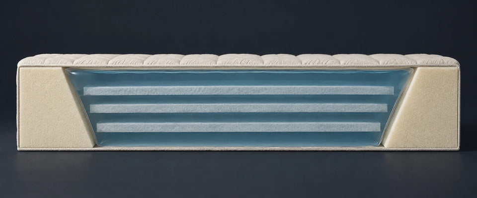 Coupe d’un lit à eau Softside : le matelas d’eau au centre, un cadre de mousse en pente de chaque côté, le revêtement par-dessus.